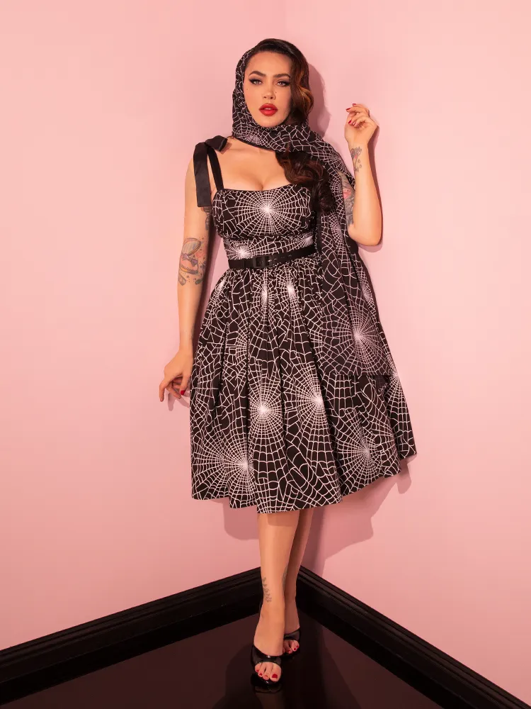1950s Swing Sundress and Scarf in Black and White Spider Web Print - Vixen by Micheline Pitt