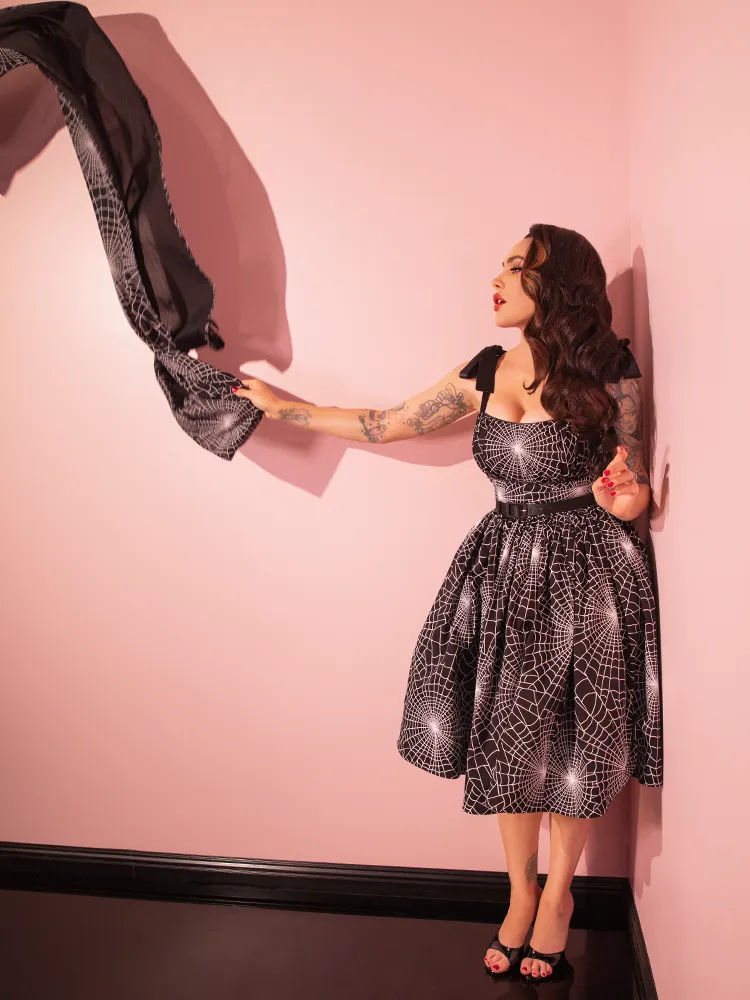 1950s Swing Sundress and Scarf in Black and White Spider Web Print - Vixen by Micheline Pitt