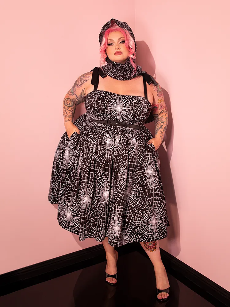 1950s Swing Sundress and Scarf in Black and White Spider Web Print - Vixen by Micheline Pitt