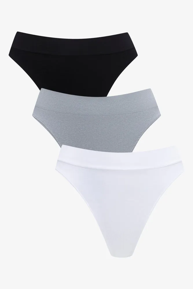 3 Pack Seam-Free Thong Panties Black, Grey, White
