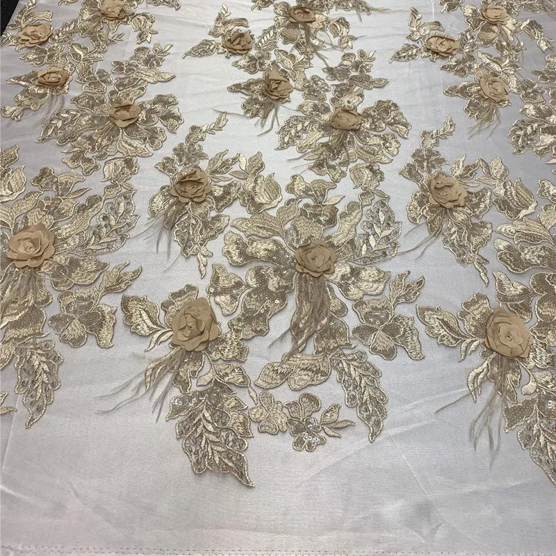 3D Luxury Feather Design Floral Mesh Lace With Sequins Embroidery By The Yard