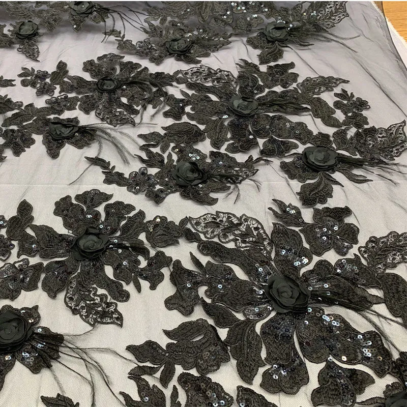 3D Luxury Feather Design Floral Mesh Lace With Sequins Embroidery By The Yard