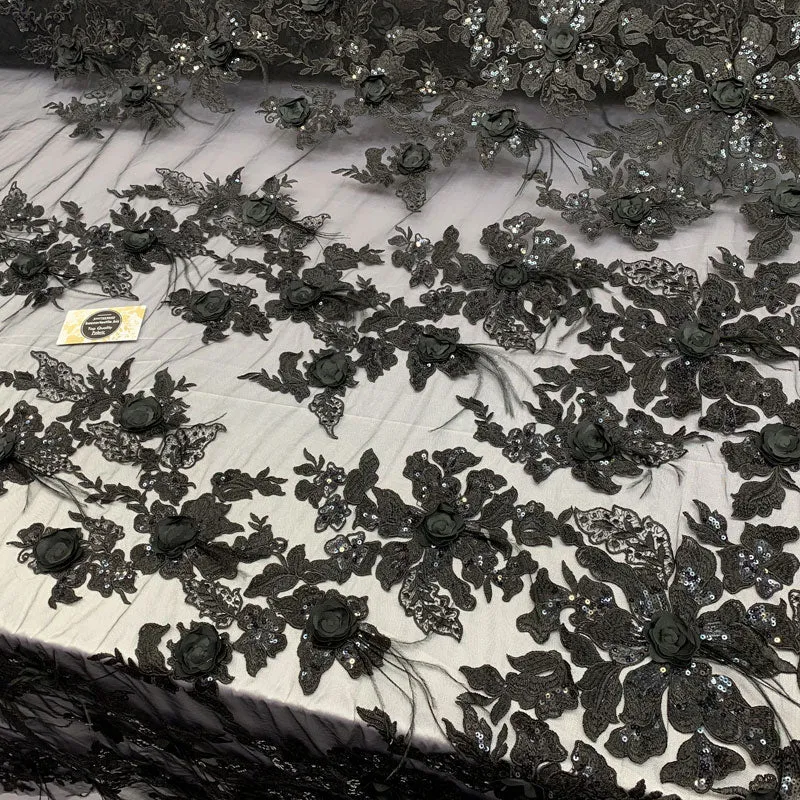 3D Luxury Feather Design Floral Mesh Lace With Sequins Embroidery By The Yard
