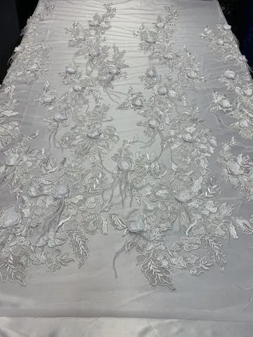 3D Luxury Feather Design Floral Mesh Lace With Sequins Embroidery By The Yard