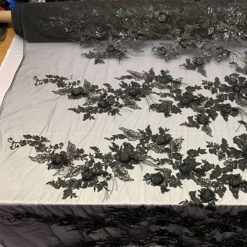 3D Luxury Feather Design Floral Mesh Lace With Sequins Embroidery By The Yard