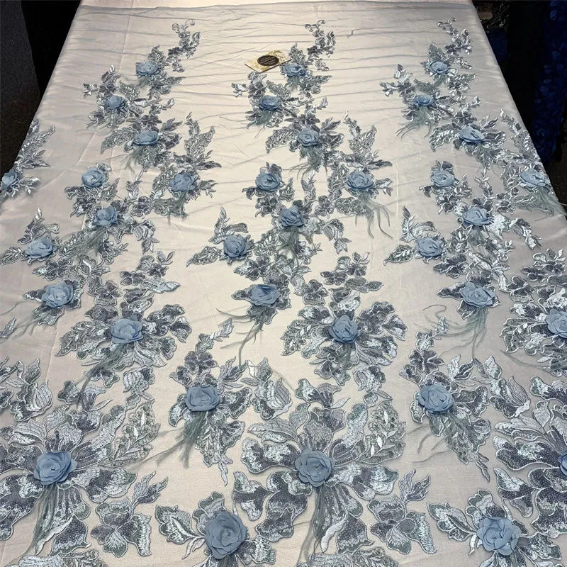3D Luxury Feather Design Floral Mesh Lace With Sequins Embroidery By The Yard