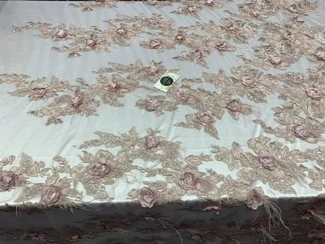 3D Luxury Feather Design Floral Mesh Lace With Sequins Embroidery By The Yard