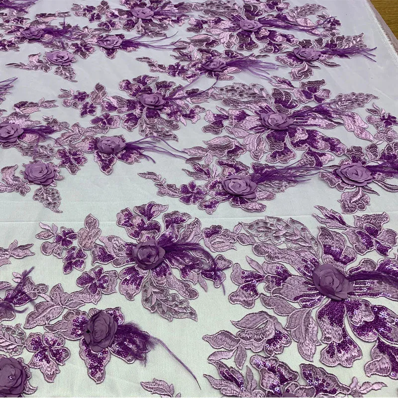 3D Luxury Feather Design Floral Mesh Lace With Sequins Embroidery By The Yard