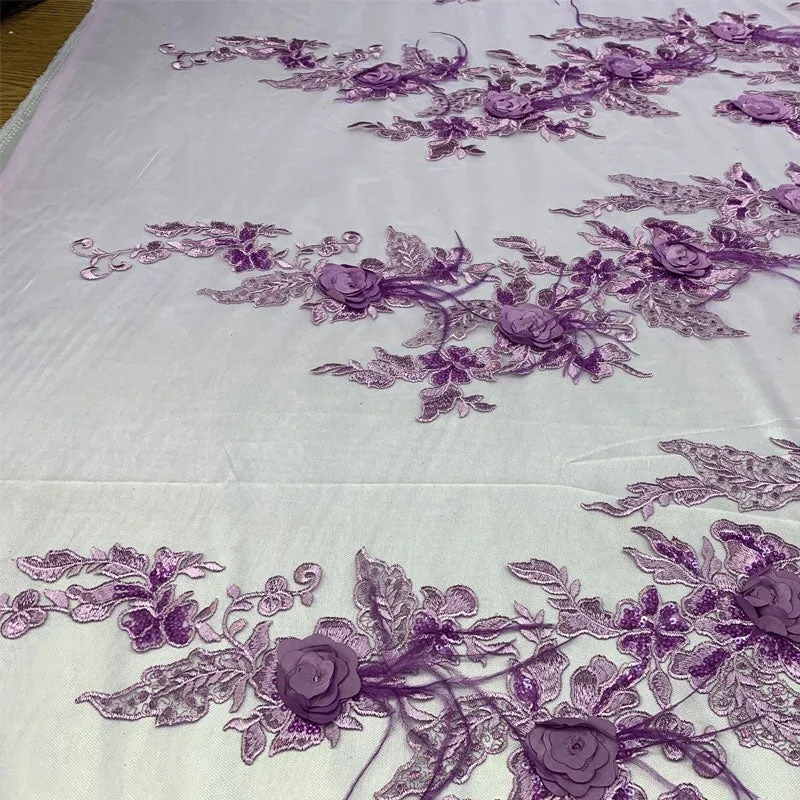 3D Luxury Feather Design Floral Mesh Lace With Sequins Embroidery By The Yard