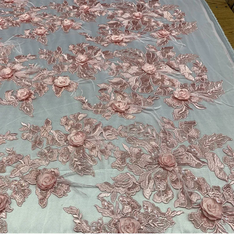 3D Luxury Feather Design Floral Mesh Lace With Sequins Embroidery By The Yard