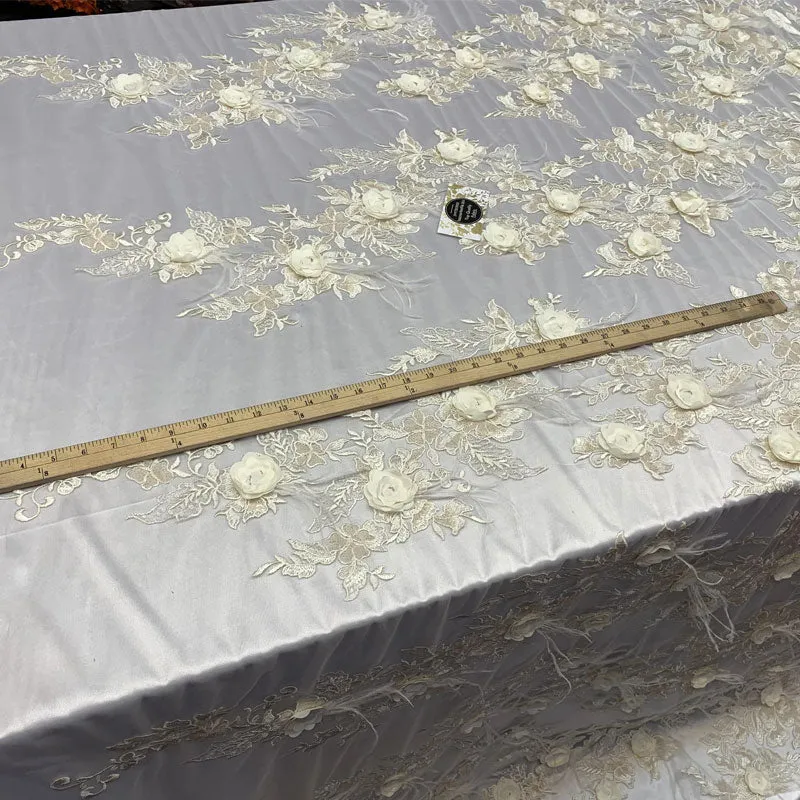 3D Luxury Feather Design Floral Mesh Lace With Sequins Embroidery By The Yard