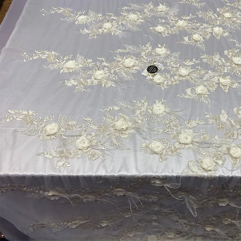 3D Luxury Feather Design Floral Mesh Lace With Sequins Embroidery By The Yard