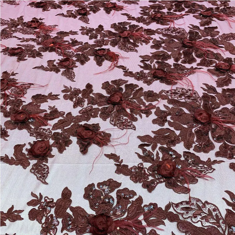 3D Luxury Feather Design Floral Mesh Lace With Sequins Embroidery By The Yard