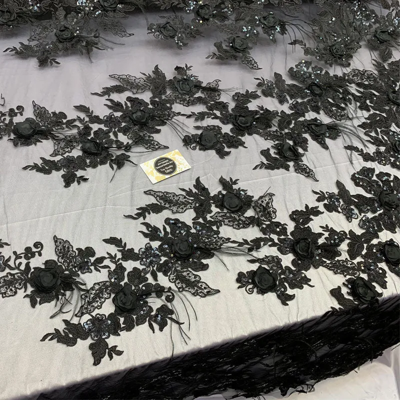 3D Luxury Feather Design Floral Mesh Lace With Sequins Embroidery By The Yard