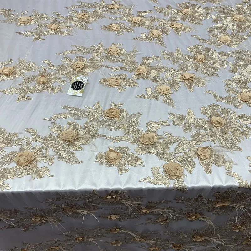 3D Luxury Feather Design Floral Mesh Lace With Sequins Embroidery By The Yard