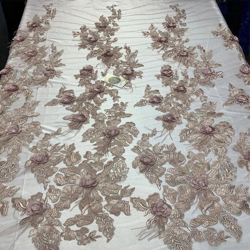 3D Luxury Feather Design Floral Mesh Lace With Sequins Embroidery By The Yard