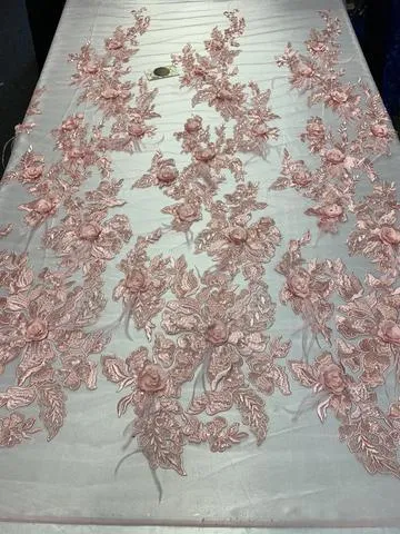 3D Luxury Feather Design Floral Mesh Lace With Sequins Embroidery By The Yard