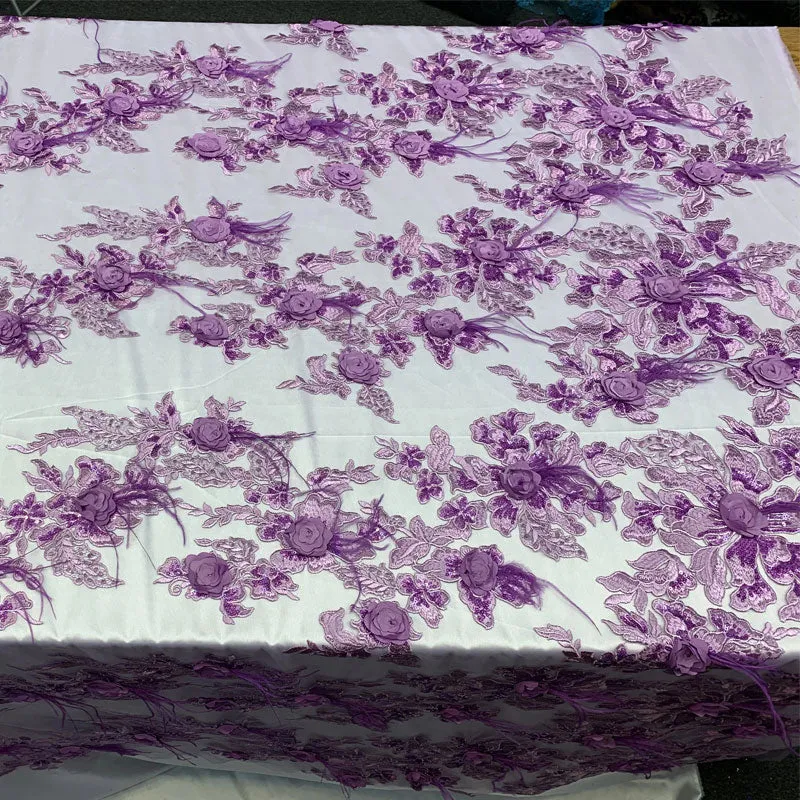 3D Luxury Feather Design Floral Mesh Lace With Sequins Embroidery By The Yard