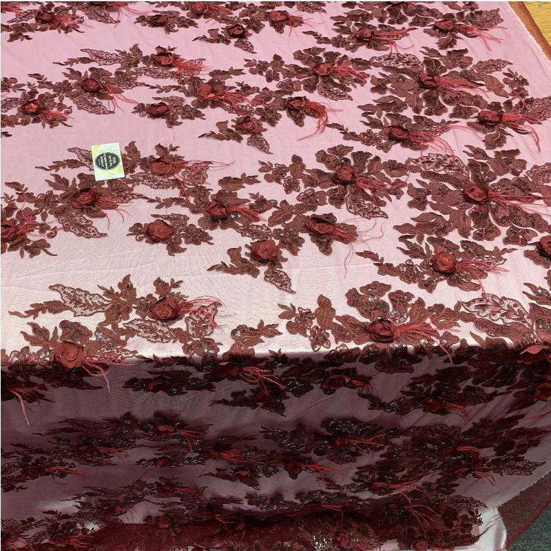 3D Luxury Feather Design Floral Mesh Lace With Sequins Embroidery By The Yard