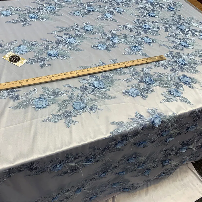 3D Luxury Feather Design Floral Mesh Lace With Sequins Embroidery By The Yard