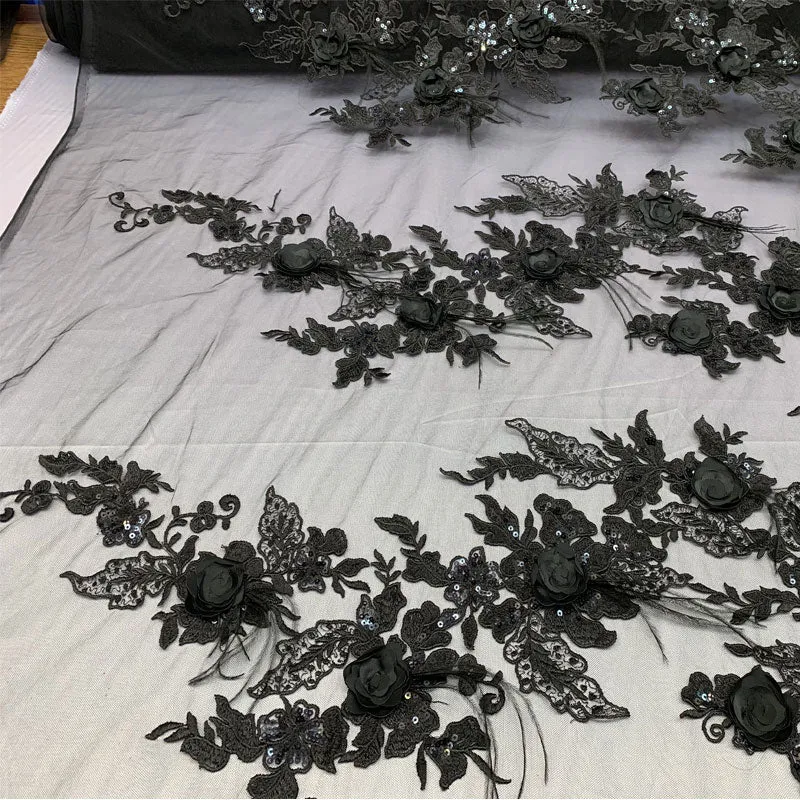 3D Luxury Feather Design Floral Mesh Lace With Sequins Embroidery By The Yard