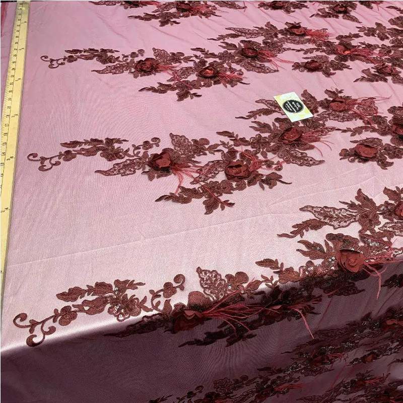 3D Luxury Feather Design Floral Mesh Lace With Sequins Embroidery By The Yard