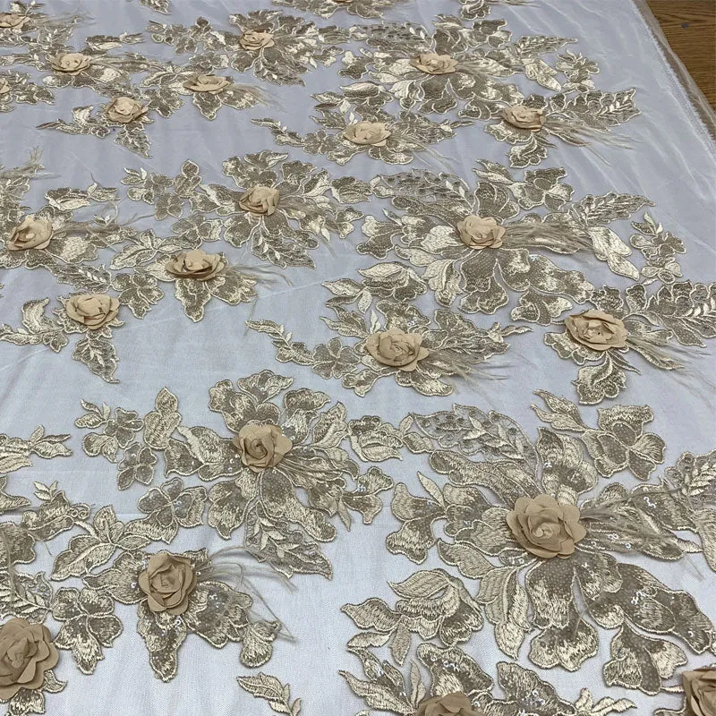 3D Luxury Feather Design Floral Mesh Lace With Sequins Embroidery By The Yard