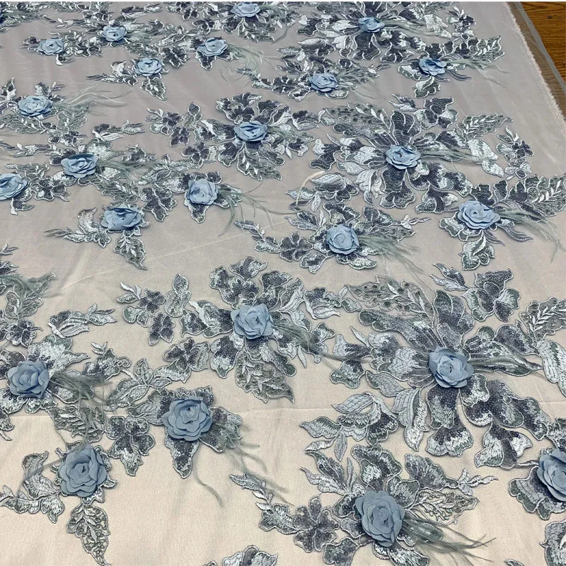 3D Luxury Feather Design Floral Mesh Lace With Sequins Embroidery By The Yard