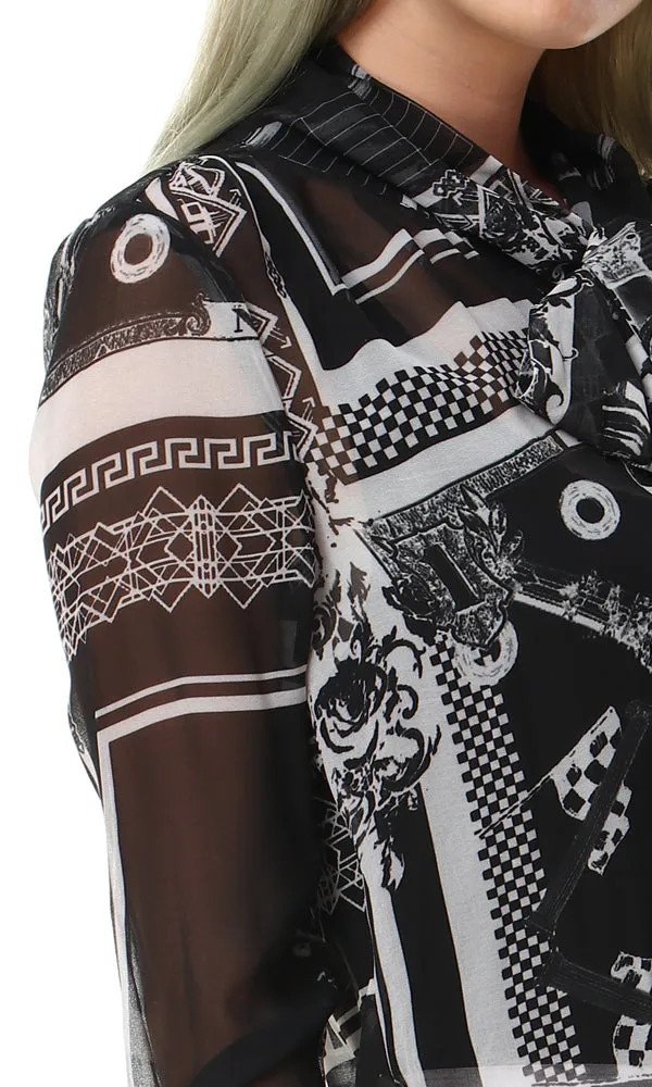 93128 Patterned Tied Neck Cheer Shirt - Black