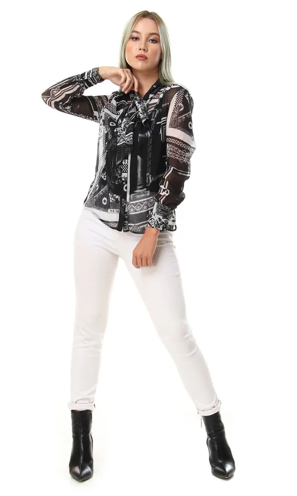 93128 Patterned Tied Neck Cheer Shirt - Black