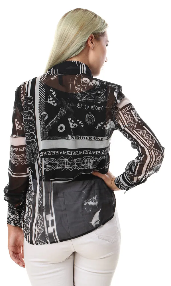 93128 Patterned Tied Neck Cheer Shirt - Black