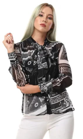 93128 Patterned Tied Neck Cheer Shirt - Black