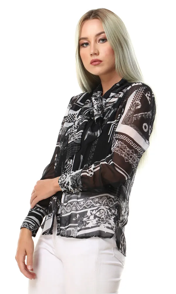 93128 Patterned Tied Neck Cheer Shirt - Black