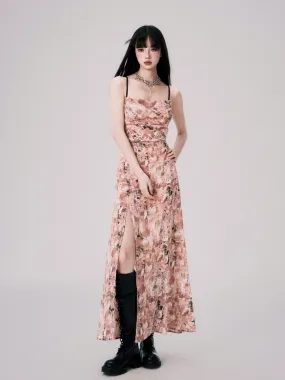 Apricot Pink Floral Swing Collar Backless Suspender Dress LUL0060