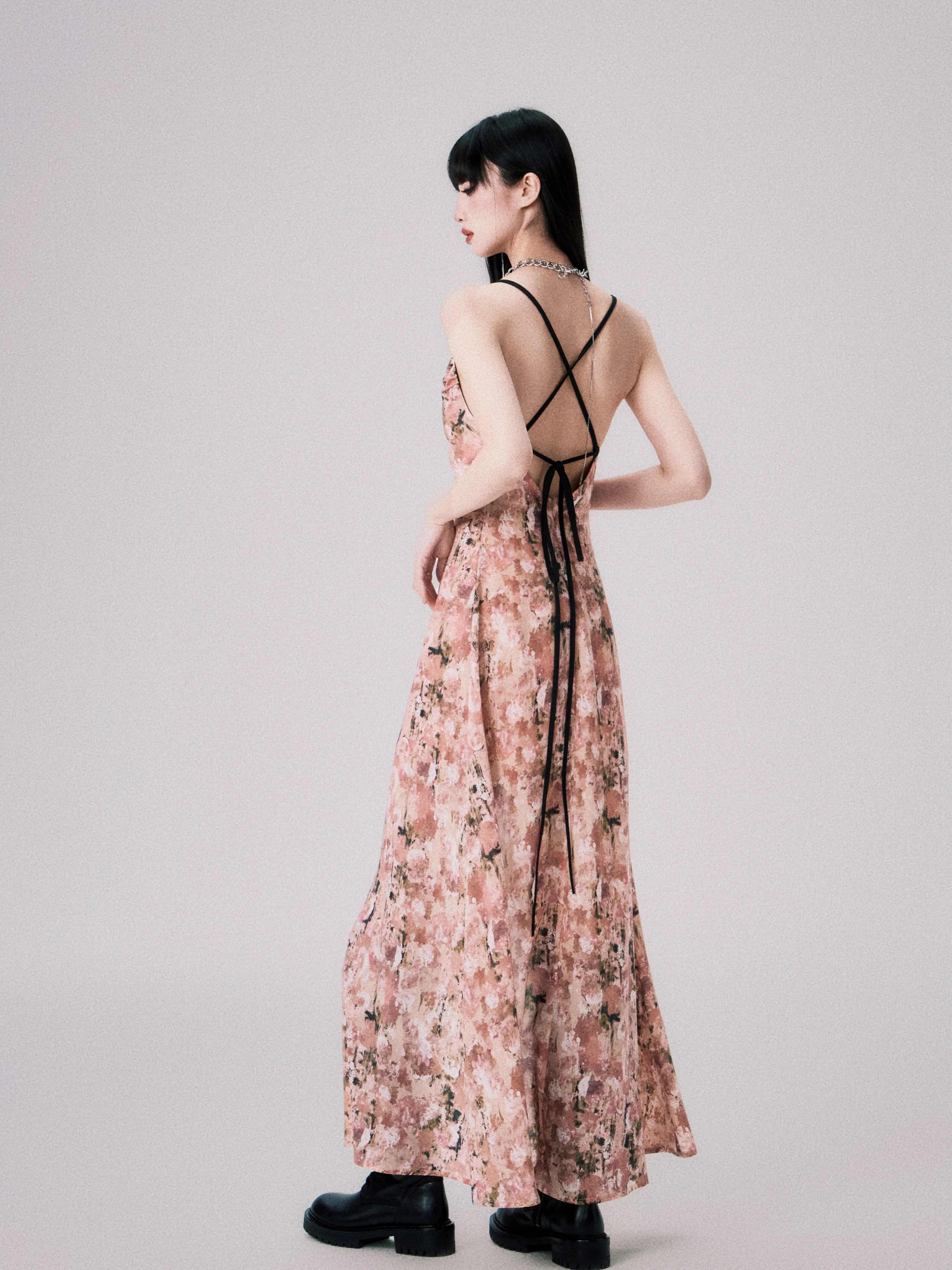 Apricot Pink Floral Swing Collar Backless Suspender Dress LUL0060