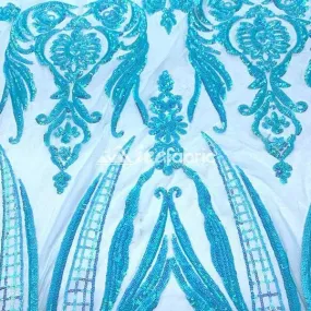 Aqua, Turquoise Geometric Sequin Fabric _ Embroidered 4 Way Stretch Mesh