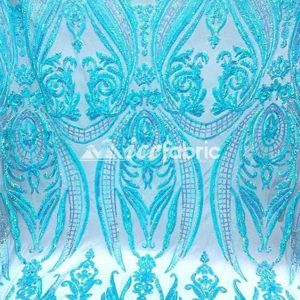 Aqua, Turquoise Geometric Sequin Fabric _ Embroidered 4 Way Stretch Mesh
