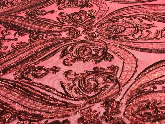 Arabic Designed Burgundy Embroidered 4 Way Stretch Sequin Fabric Sold By The Yard