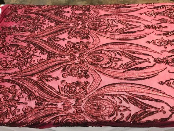 Arabic Designed Burgundy Embroidered 4 Way Stretch Sequin Fabric Sold By The Yard