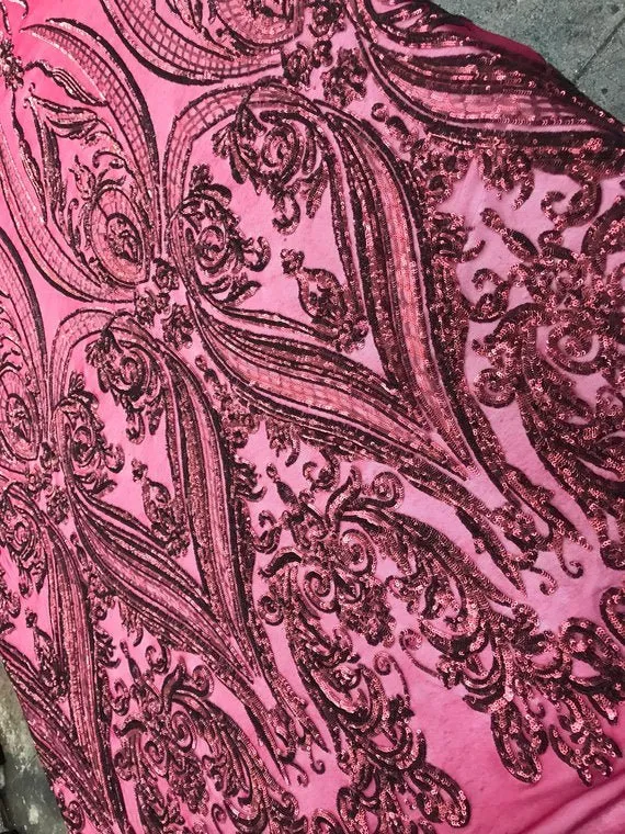 Arabic Designed Burgundy Embroidered 4 Way Stretch Sequin Fabric Sold By The Yard