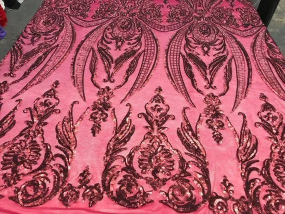 Arabic Designed Burgundy Embroidered 4 Way Stretch Sequin Fabric Sold By The Yard