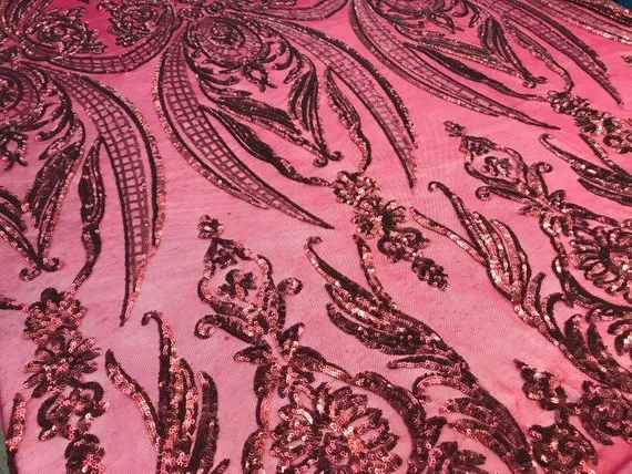 Arabic Designed Burgundy Embroidered 4 Way Stretch Sequin Fabric Sold By The Yard