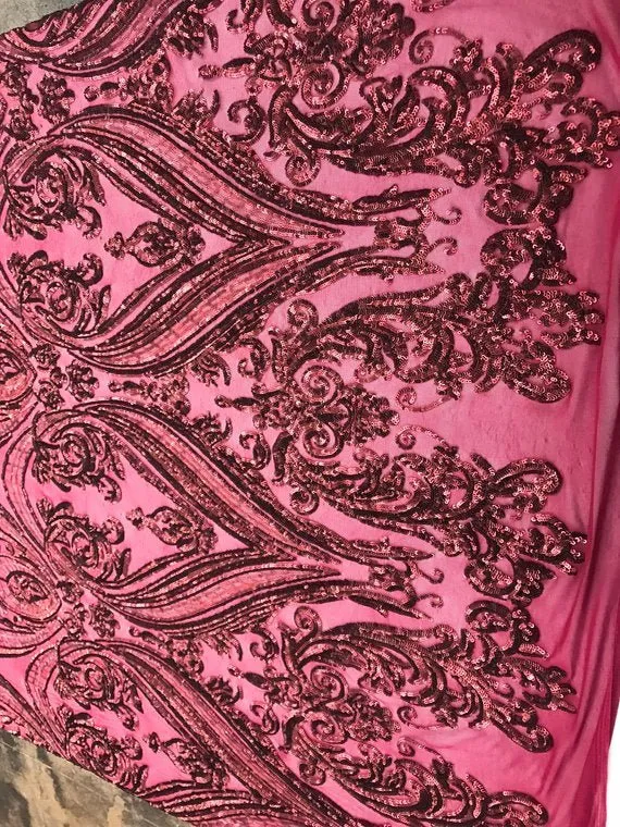 Arabic Designed Burgundy Embroidered 4 Way Stretch Sequin Fabric Sold By The Yard