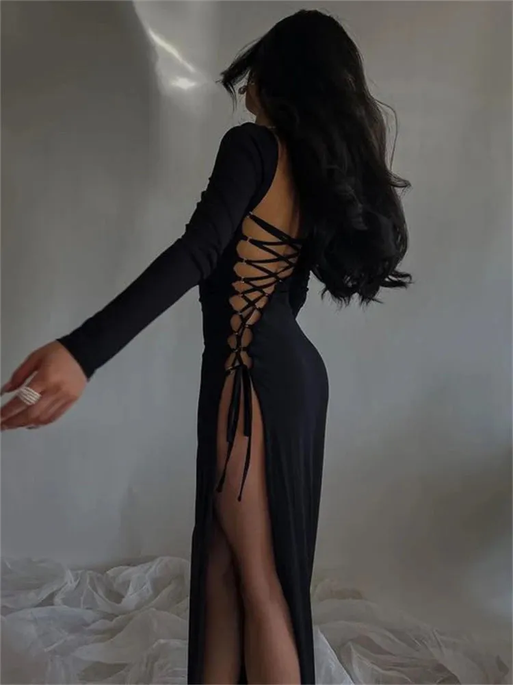 Bandage Dress Women Autumn: Long Sleeve O-Neck Sexy Split Maxi Dress