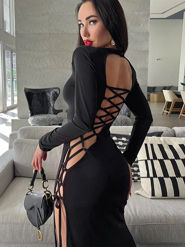 Bandage Dress Women Autumn: Long Sleeve O-Neck Sexy Split Maxi Dress