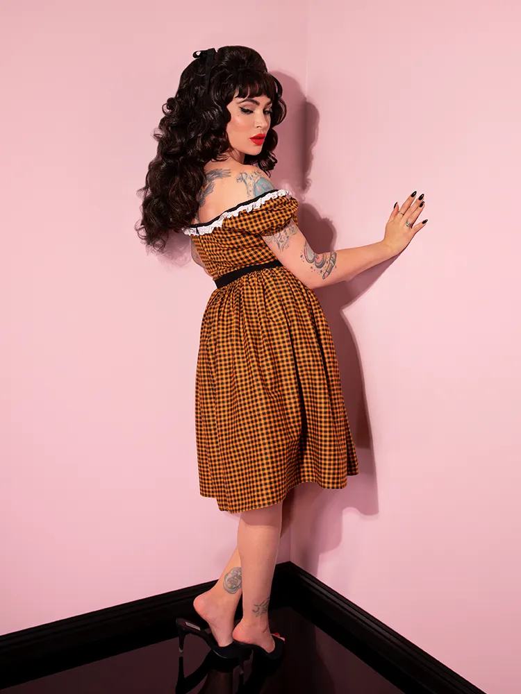 Bardot Beauty Swing Dress in Orange Pumpkin Gingham - Vixen by Micheline Pitt