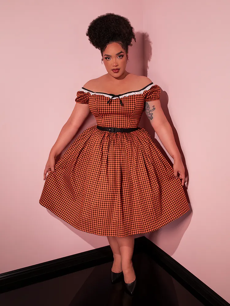Bardot Beauty Swing Dress in Orange Pumpkin Gingham - Vixen by Micheline Pitt