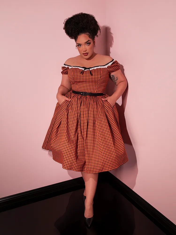 Bardot Beauty Swing Dress in Orange Pumpkin Gingham - Vixen by Micheline Pitt