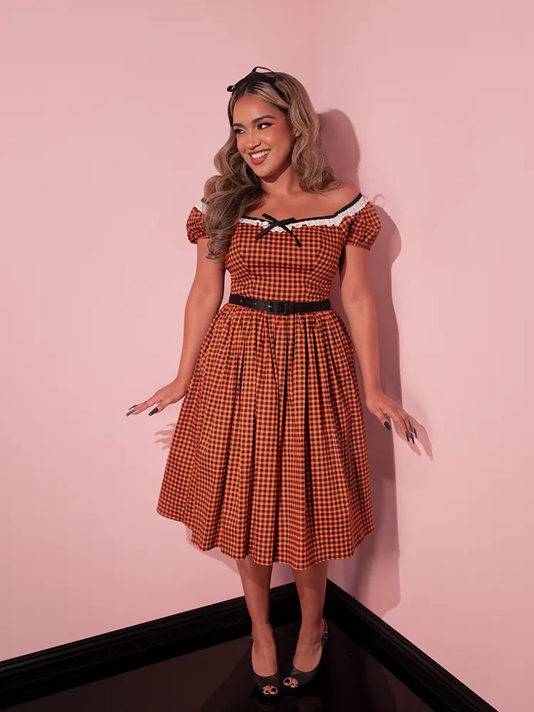 Bardot Beauty Swing Dress in Orange Pumpkin Gingham - Vixen by Micheline Pitt