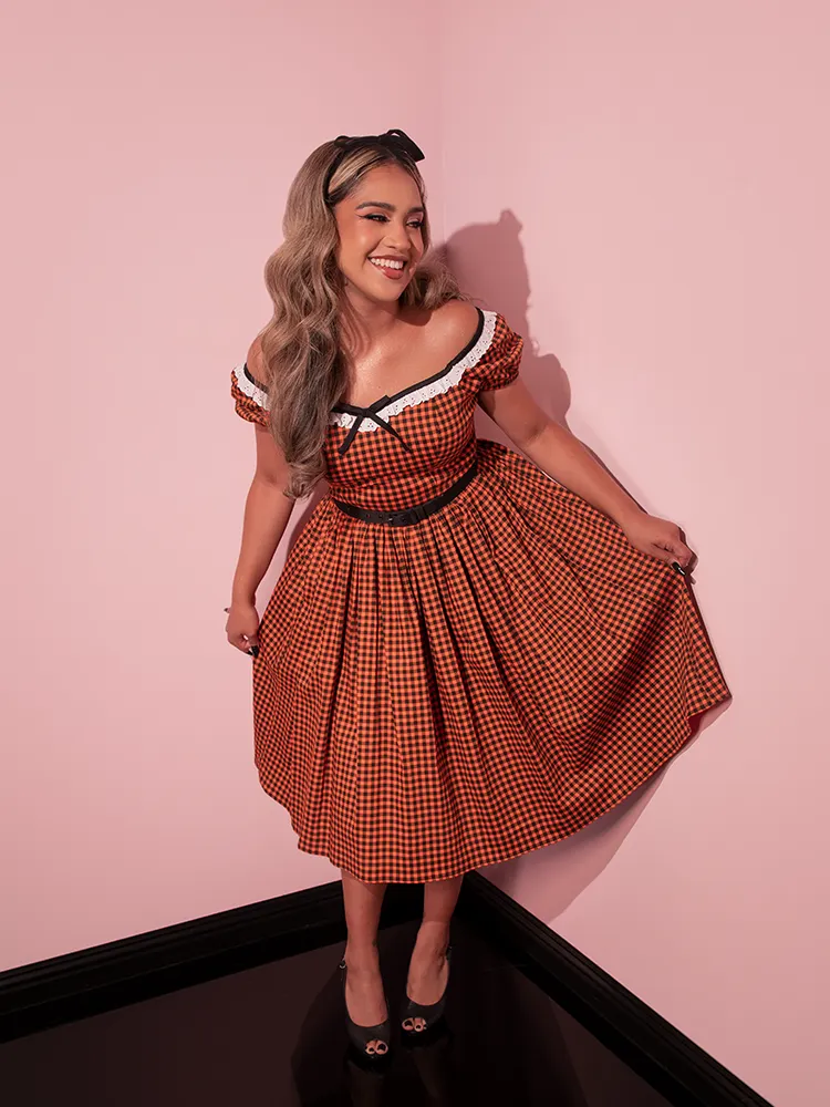 Bardot Beauty Swing Dress in Orange Pumpkin Gingham - Vixen by Micheline Pitt